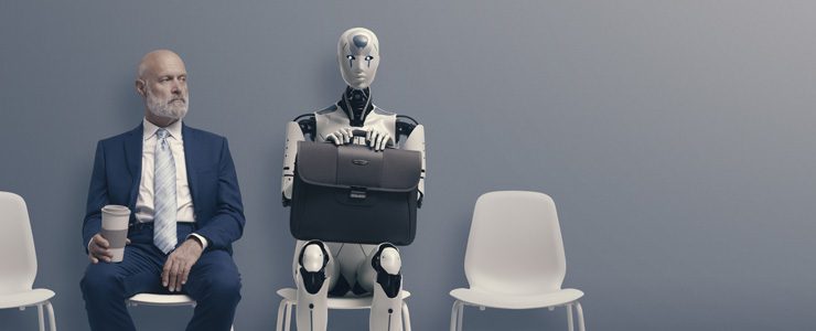 Office worker sat next to an AI robot
